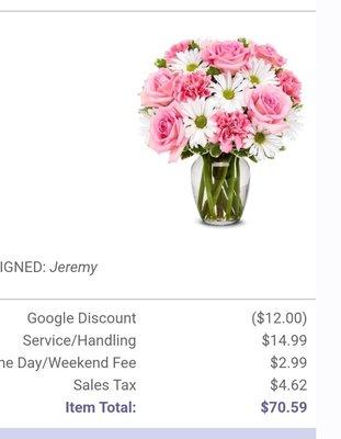 What I was suppose to get. Clearly this has more pink than white and a lot less greenery (filler). This was suppose to be a deluxe size.