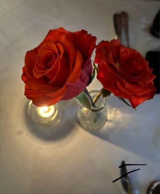 Candle and roses on the table