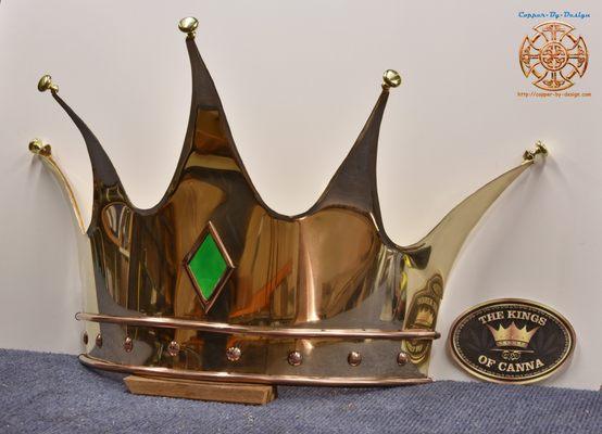 Kings Of Canna logo crown made with 32oz dark brass and copper accents coated it with a lacquer. Custom copper work by Copper By Design