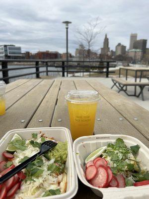 Grilled Pescado Quesadilla (left) Breakfast Chorizo Taco (right) Mango Agua Fresca (background)