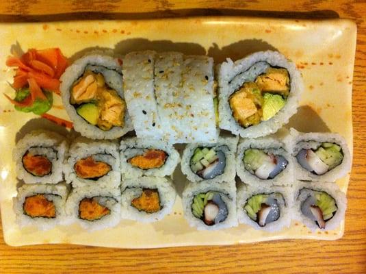 Salmon Tempura Roll, Spicy Tuna Roll and Octopus & Squid Roll