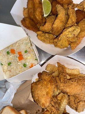 Wings, Wander's Sampler, Fried Rice and Crinkle Fries.