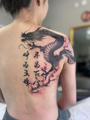 Custom Hand Brushed Chinese Calligraphy with traditional Chinese watercolor cherry blossoms and dragon done by Ms. Ting