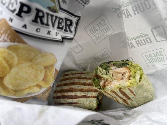 Caesar wrap with crispy chicken. Deep River Chips