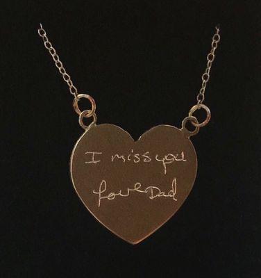 Custom made necklace engraved with copied handwriting of a lost loved one