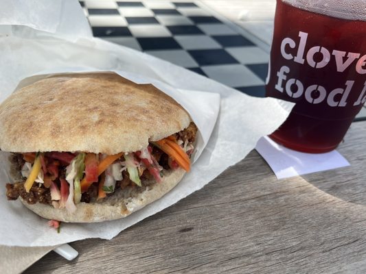 Baja mushroom pita sandwich with hibiscus tea