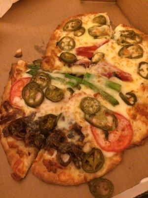 Veggie flatbread with jalapeños instead of artichokes. This was pretty good.