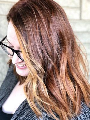 Aveda all natural hair color, red hair color, baby lights, Balayage highlights, lob haircut