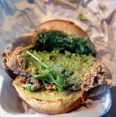 "Gua-Gua Coo Coo": fried chicken sandwich with guacamole. $12.