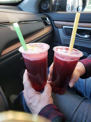 Mango hibiscus lemonade with peaches lychee bubbles