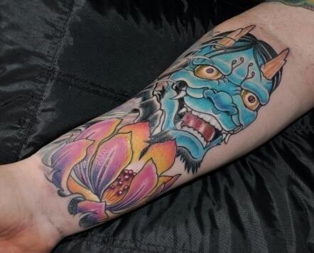 Japanese style sleeve in progress. Hannya style mask and lotus flower!