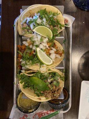 Street tacos. Al pastor, carnitas, and steak.