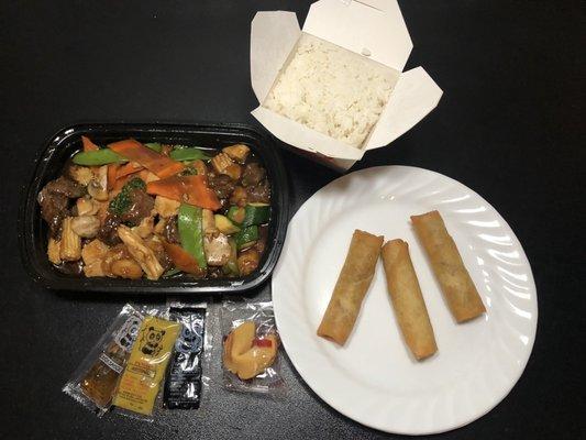 Happy Family with steamed rice and Crispy Egg Rolls