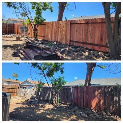 first photo is the beautiful repaired fence . 2nd photo: overgrown hedges and dead trees removed in back yard, fence needed repair