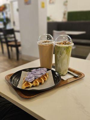 Dalgona Matcha Milk Tea, Dalgona Milk Tea & Taro Croffle