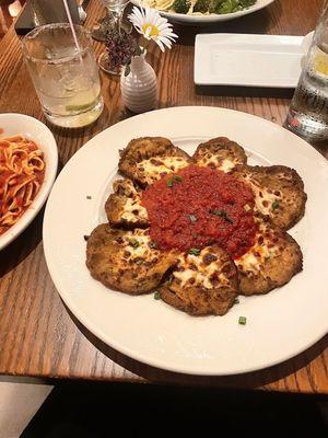 Eggplant Parmesan with a fresh side of pasta.