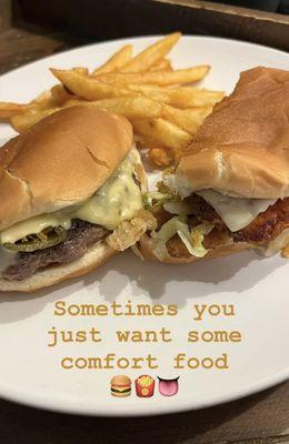 Buffalo Chicken Sandwich & Poppin' Jalapeño Burger with fries