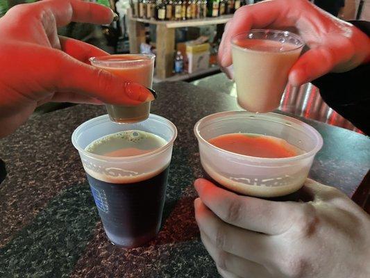 Irish car bombs (Irish cream and whiskey shot dropped into Guinness)