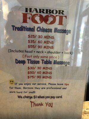 Here is the menu! I highly recommend the deep tissue table massage, it's great if you like more privacy and wish to remove clothing.