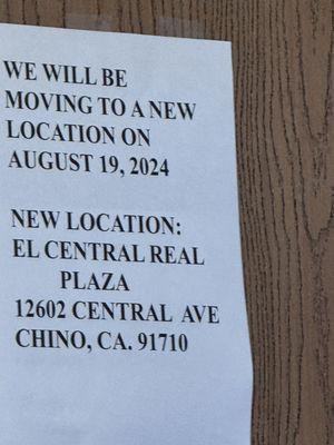 Notice of new location address effective 8/19/2024