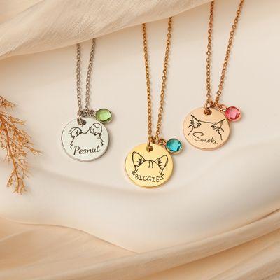 Pet ears necklace with pet name engraving and birthstone