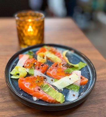 King Salmon w/ juniper salt, cabbage, sorrel, roe | $12