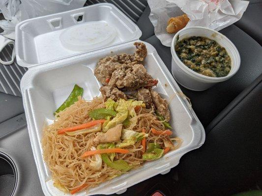 Pancit with coconut pork, mung bean with spinach stew, and turon