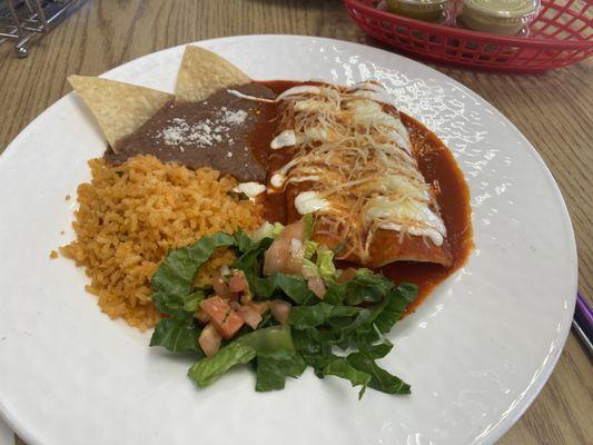 Beef 2 Enchiladas with beans and rice!