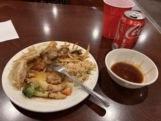 Potstickers, chicken & broccoli, Chinese, rice, and other food items