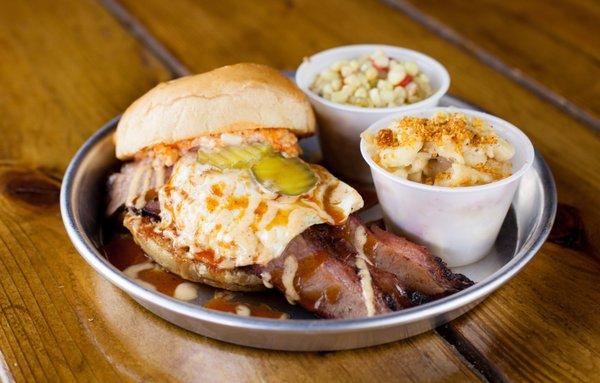 Tuck Special - Brisket, Over-Easy Egg, Red & White BBQ Sauce, Pickles and Spicy Pimento Cheese