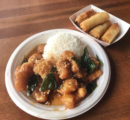 Crispy garlic chicken and large order of spring rolls.