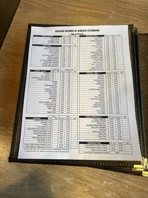 Sushi menu