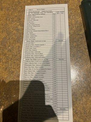 Sushi selection sheet