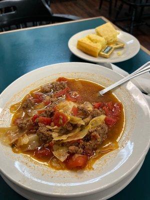 Hungarian beef soup and corn bread