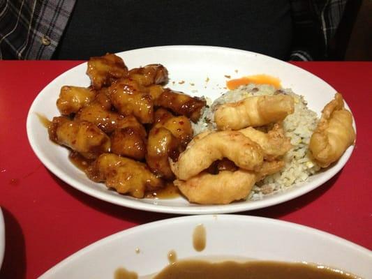 Szechuan chicken, pork fried rice and fried shrimp.