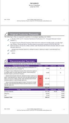 Suggested repair invoice from dealer who performed inspection of the vehicle.