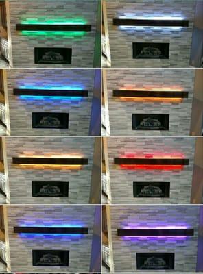 Multi-color LEDs with Multi-function Remote Control embedded in a custom fireplace mantle. Great for different holidays!