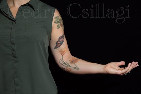 Butterfly, poppy, and manzanita branch tattoo by Cedre Csillagi. Photo by Molly Decoudreax Photography.