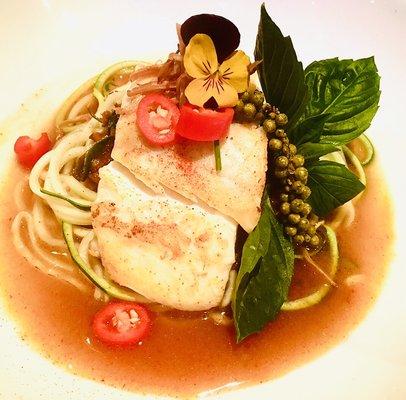 Pan seared halibut served with zucchini noodle pad cha