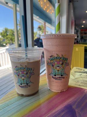 Protein smoothie and iced coffee