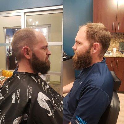 haircut, wash/scalp massage, beard trim, hot towel neck shave