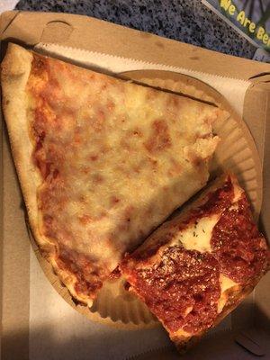 Plain cheese slice and Sicilian slice