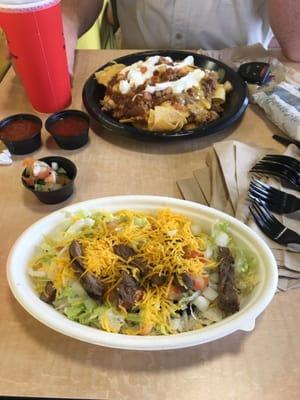 Steak burrito rice bowl, $6.50.  There are 5-6 small pieces of steak and hardly anything else.  Not worth it for the price.