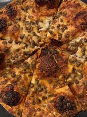 Cheese and ground beef pizza that was delivered from Marco's Pizza in Midlothian.