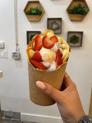 Bubble Waffle with Vanilla Ice Cream, Mochi and Strawberries