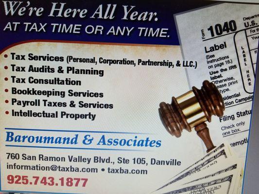 We're here all year. At tax time or anytime.  (925) 743-1877