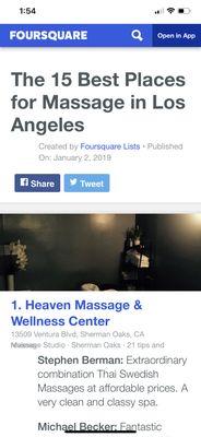 Heaven Massage in #1 in LA (Foursquare)2019