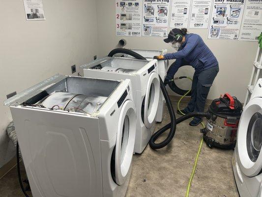 Laundry room cleaning services. We can disassemble and clean all of the vent accumulated inside of dryers