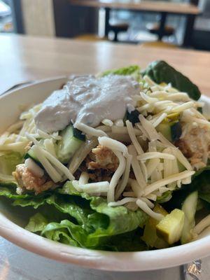 romaine salad with chicken shawarma and tzatziki