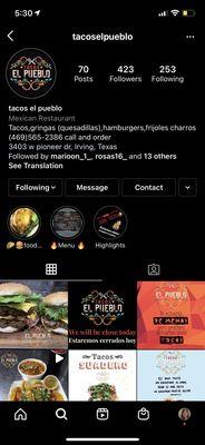 This is the tacos el pueblo Instagram page where they post new updates.